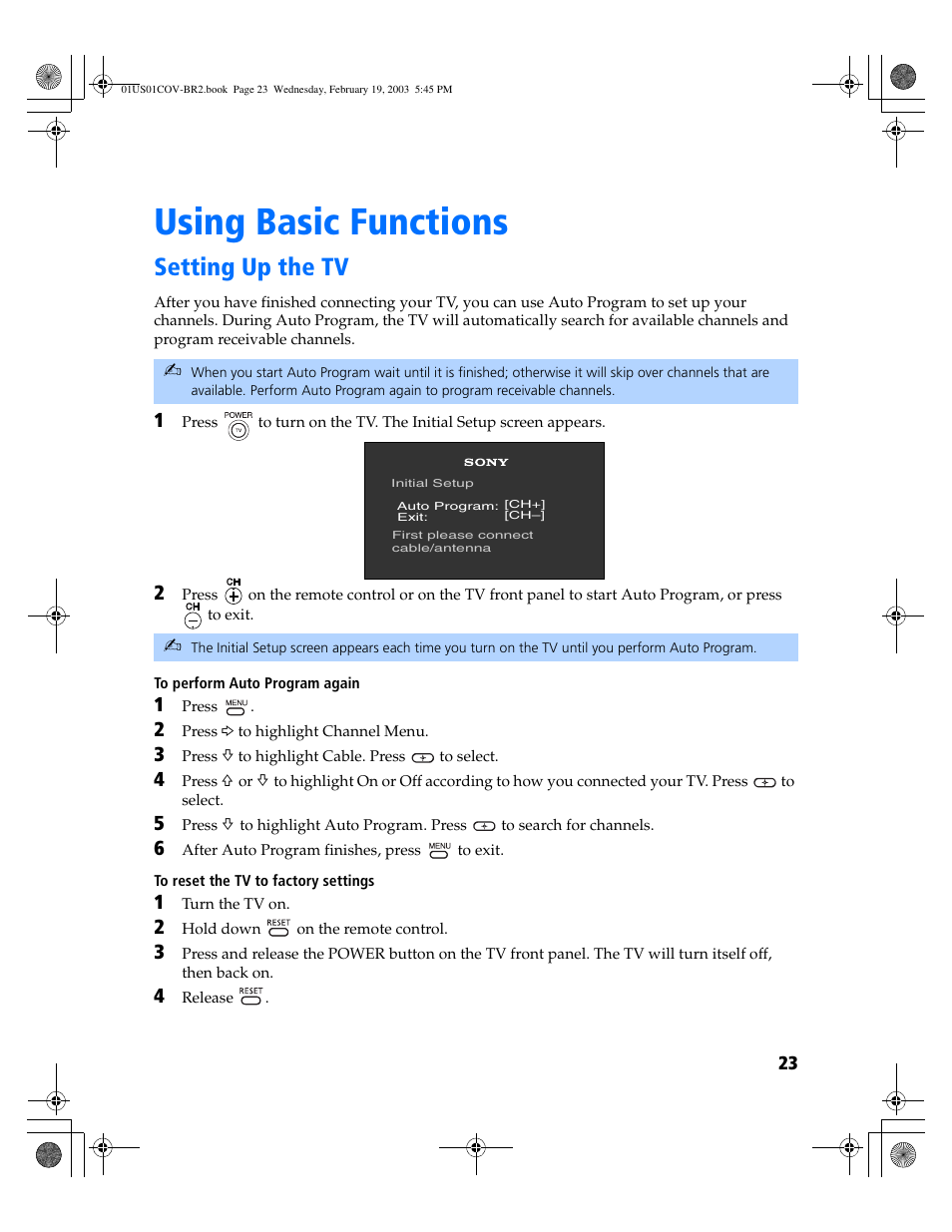 Using basic functions, Setting up the tv | Sony KV-27FV310 User Manual | Page 31 / 68