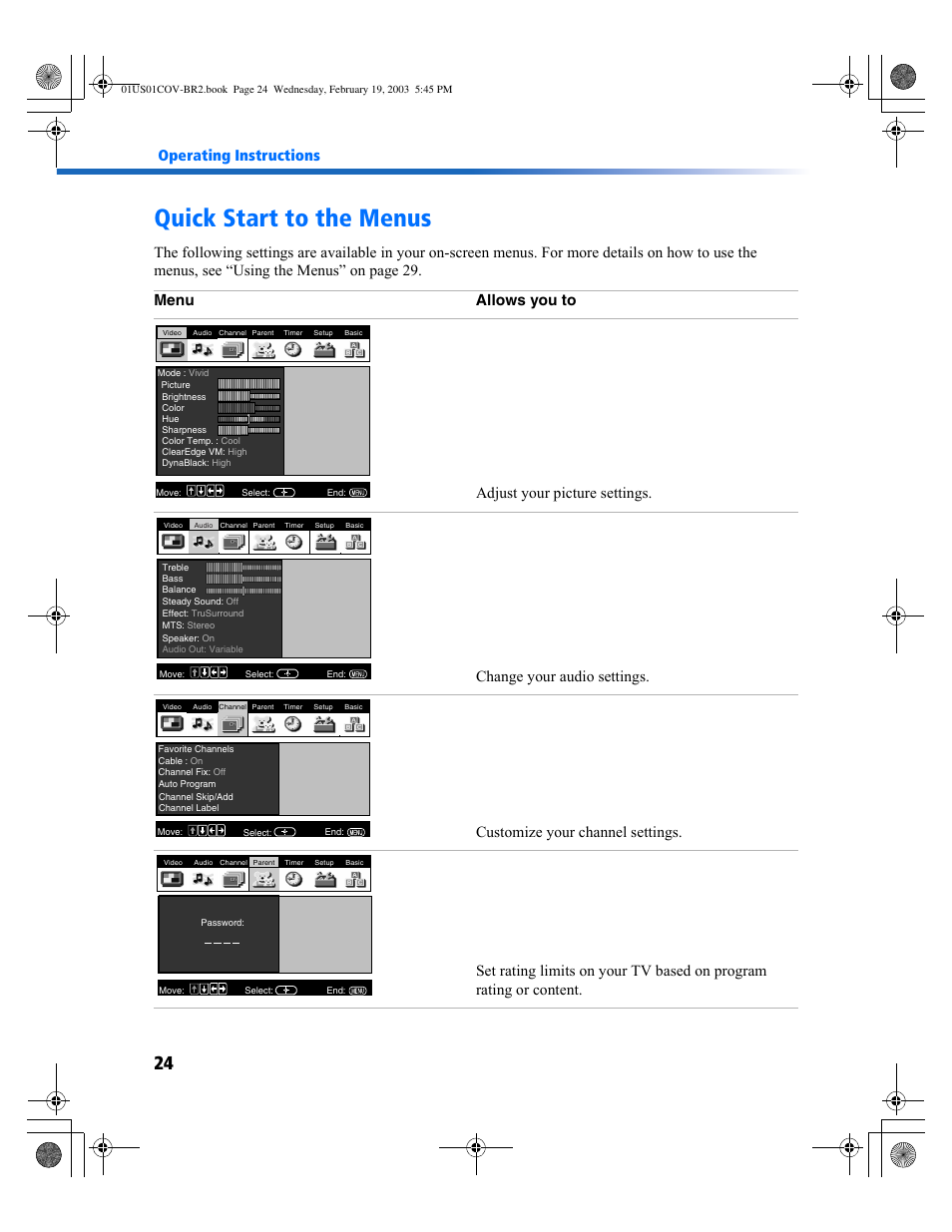 Quick start to the menus, Operating instructions | Sony KV-27FV310 User Manual | Page 32 / 68