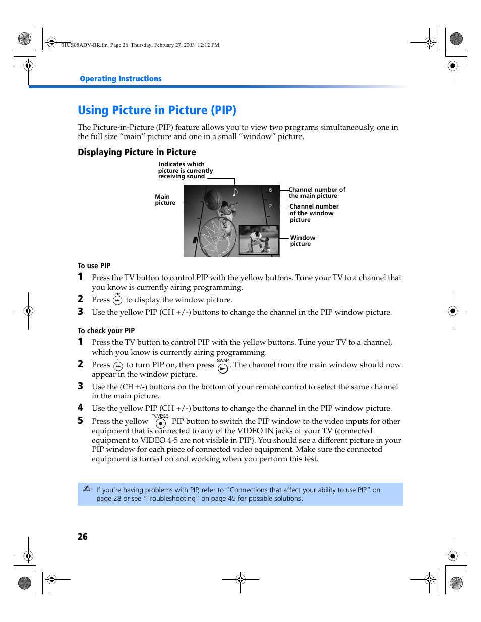 Using picture in picture (pip) | Sony KV-27FV310 User Manual | Page 34 / 68