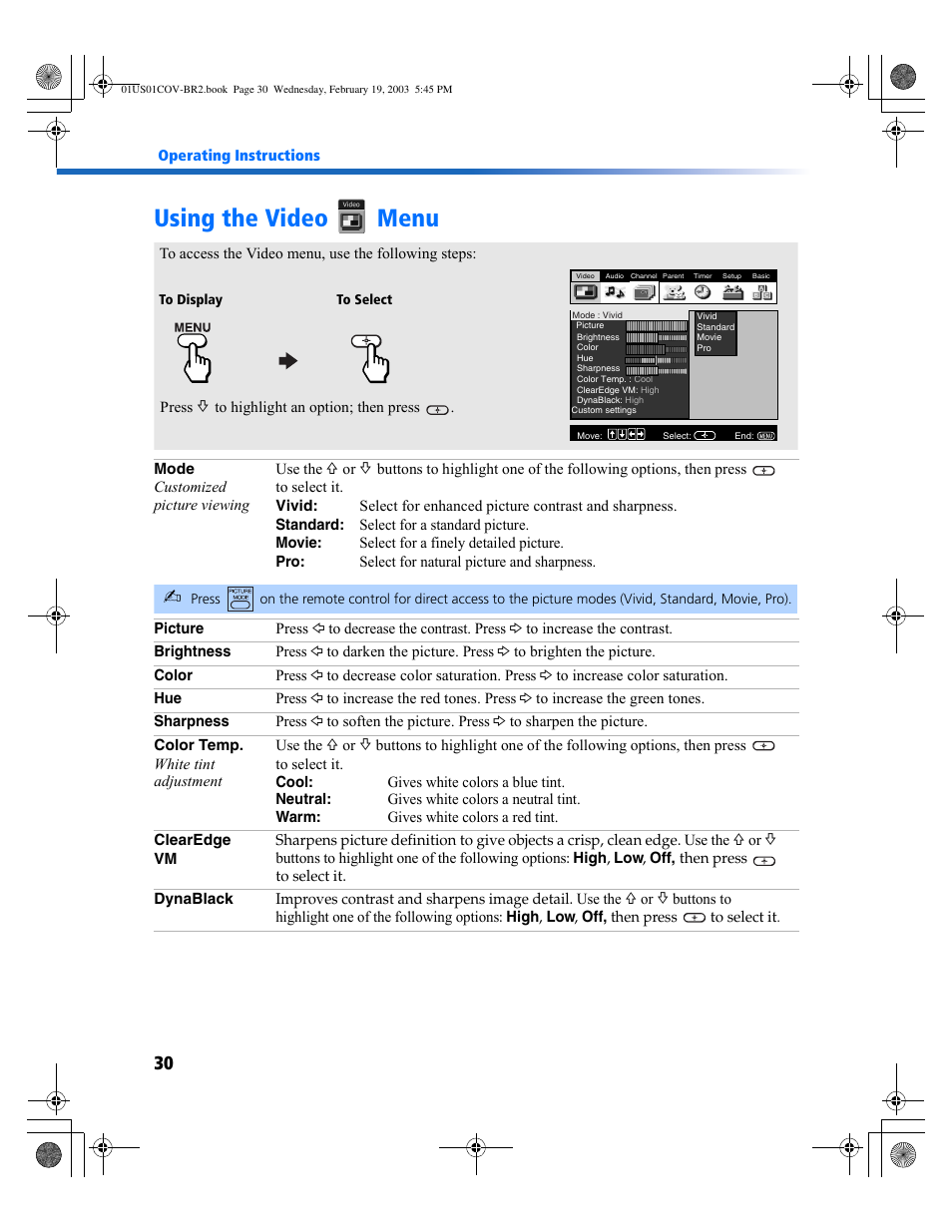 Using the video menu | Sony KV-27FV310 User Manual | Page 38 / 68
