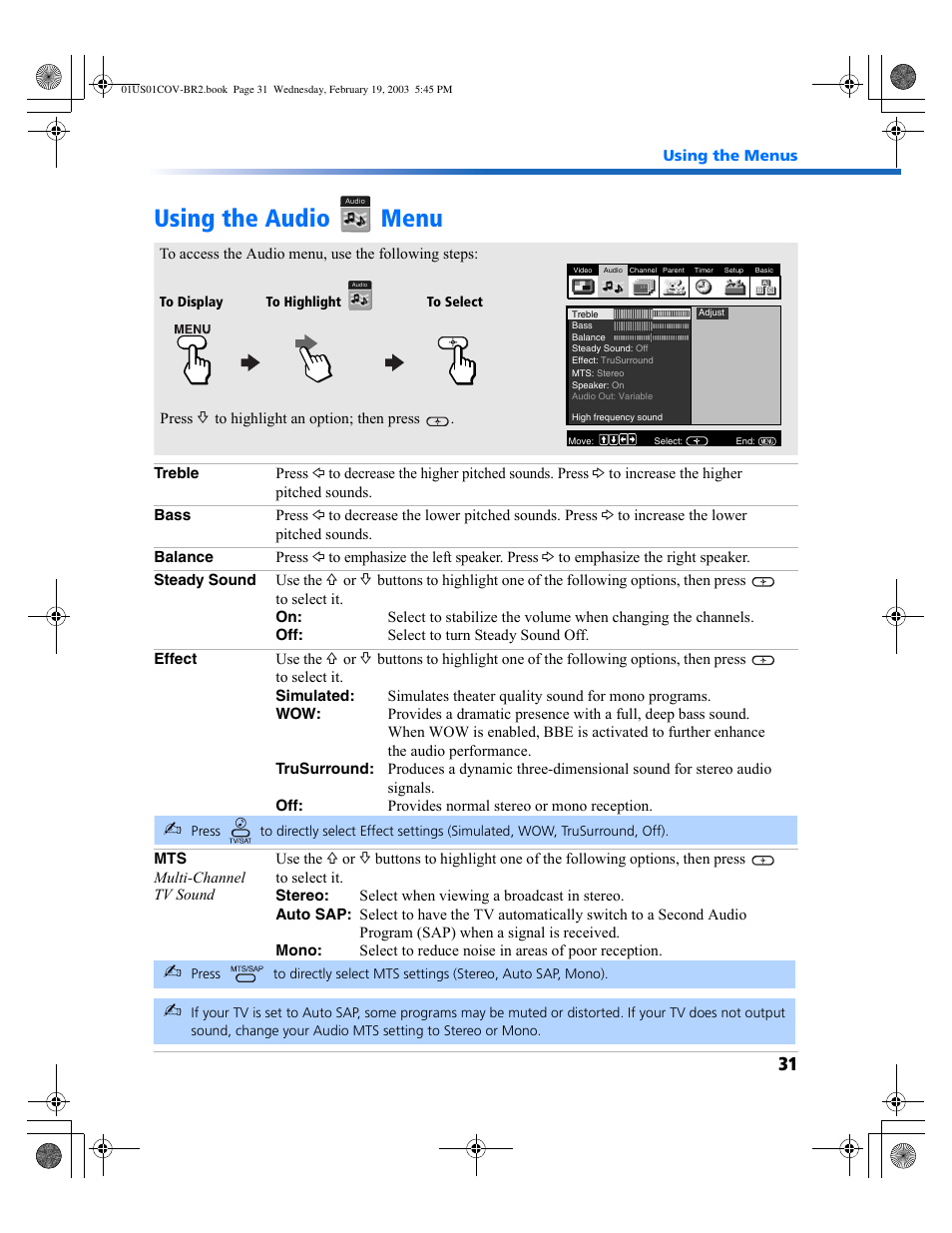 Using the audio menu | Sony KV-27FV310 User Manual | Page 39 / 68