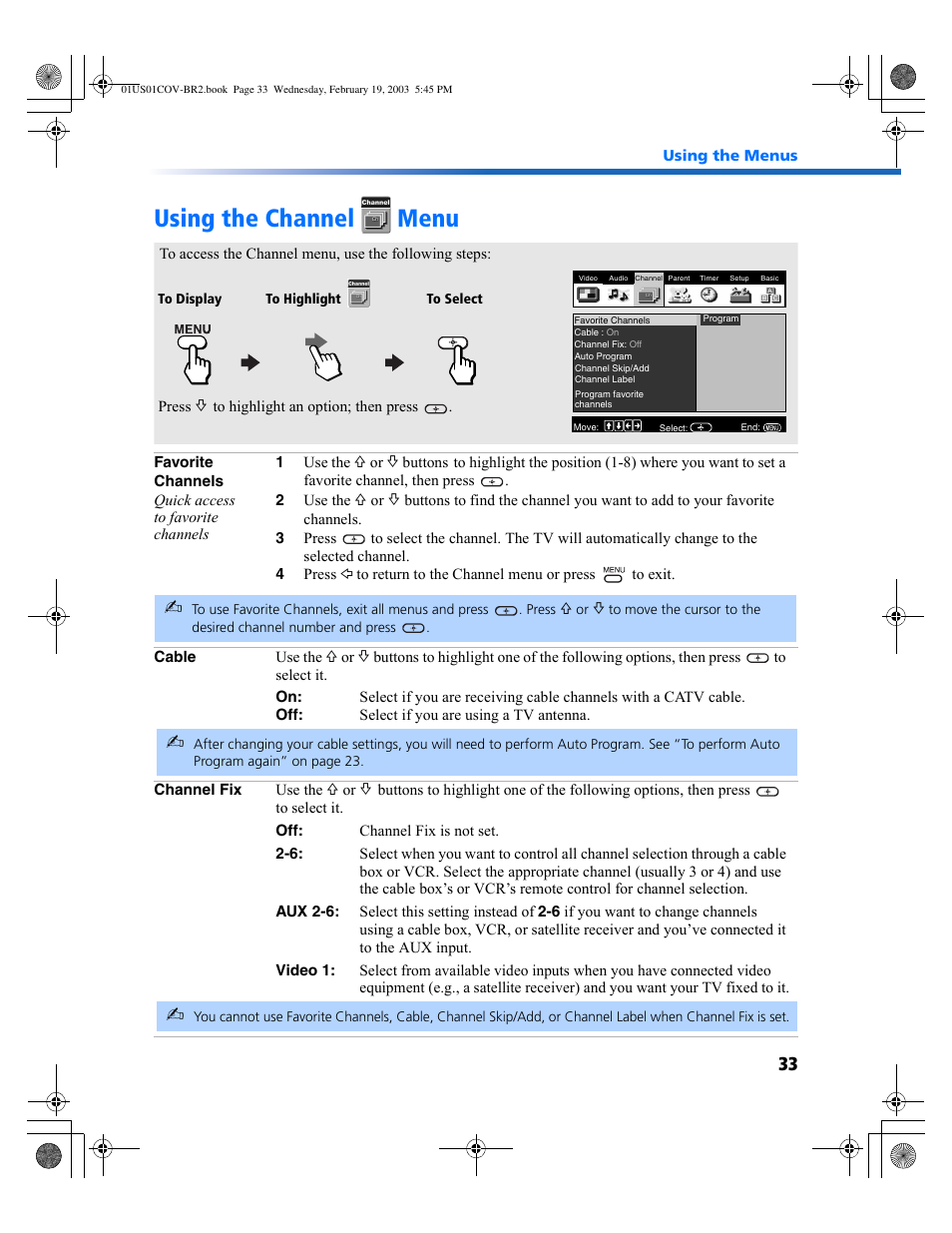 Using the channel menu | Sony KV-27FV310 User Manual | Page 41 / 68