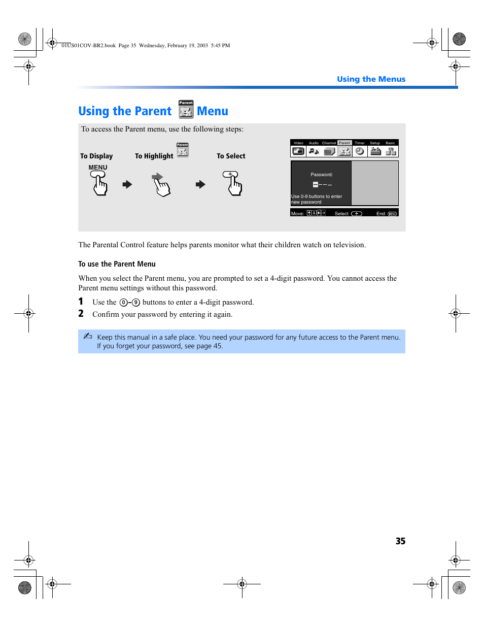 Using the parent menu | Sony KV-27FV310 User Manual | Page 43 / 68