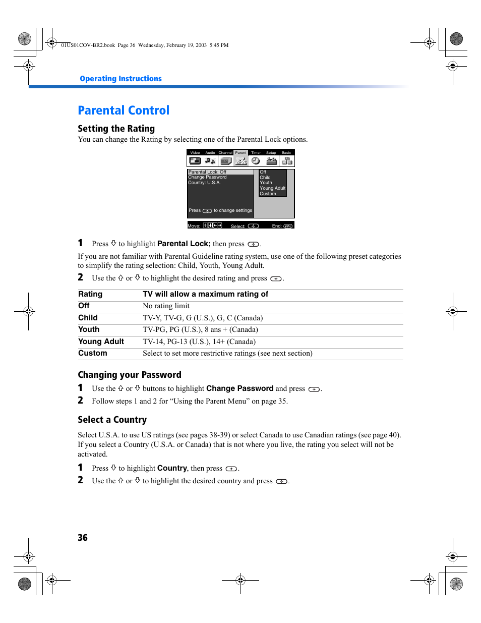 Parental control, Setting the rating, Changing your password | Select a country | Sony KV-27FV310 User Manual | Page 44 / 68
