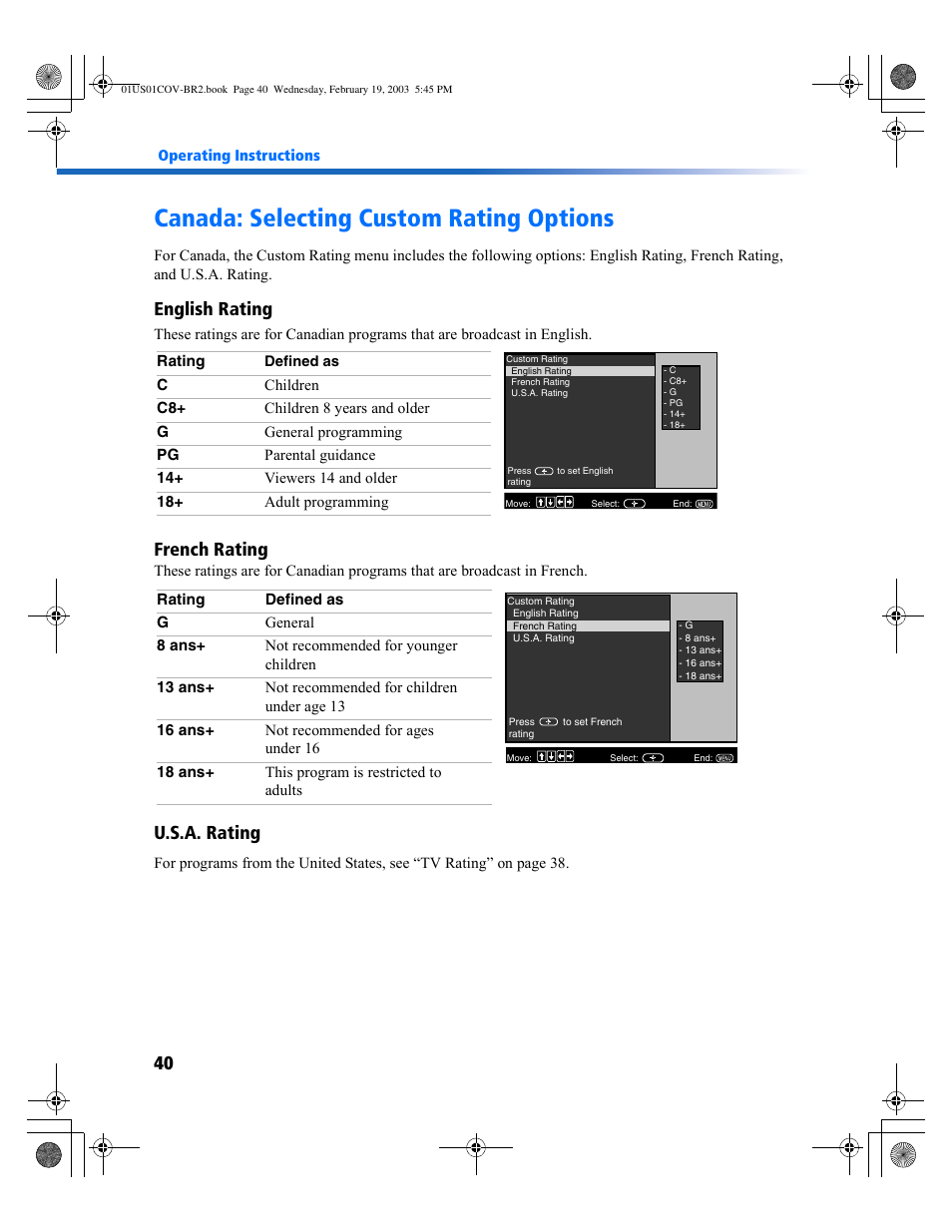 Canada: selecting custom rating options, English rating, French rating | U.s.a. rating | Sony KV-27FV310 User Manual | Page 48 / 68