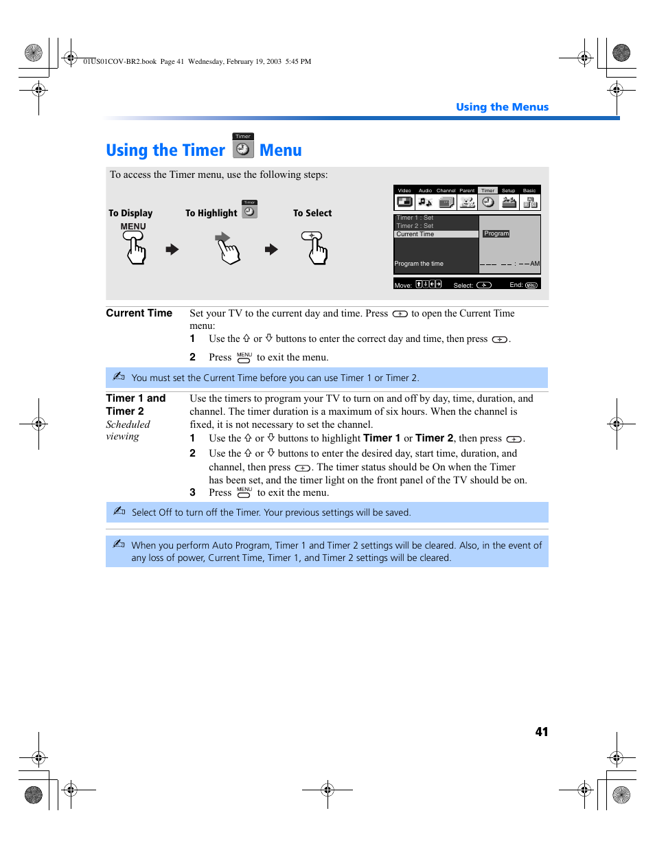 Using the timer menu | Sony KV-27FV310 User Manual | Page 49 / 68