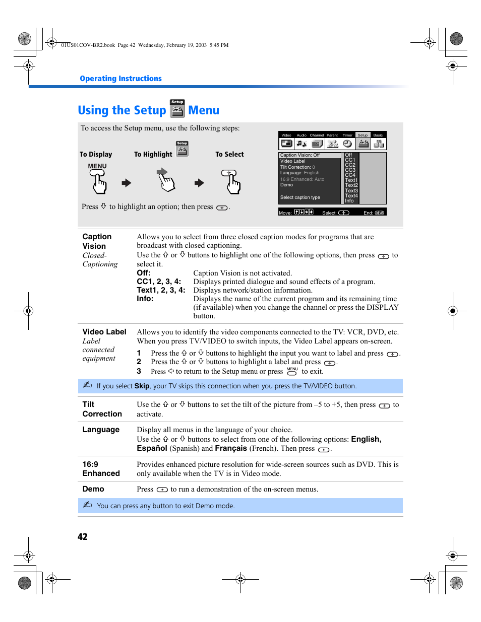 Using the setup menu | Sony KV-27FV310 User Manual | Page 50 / 68