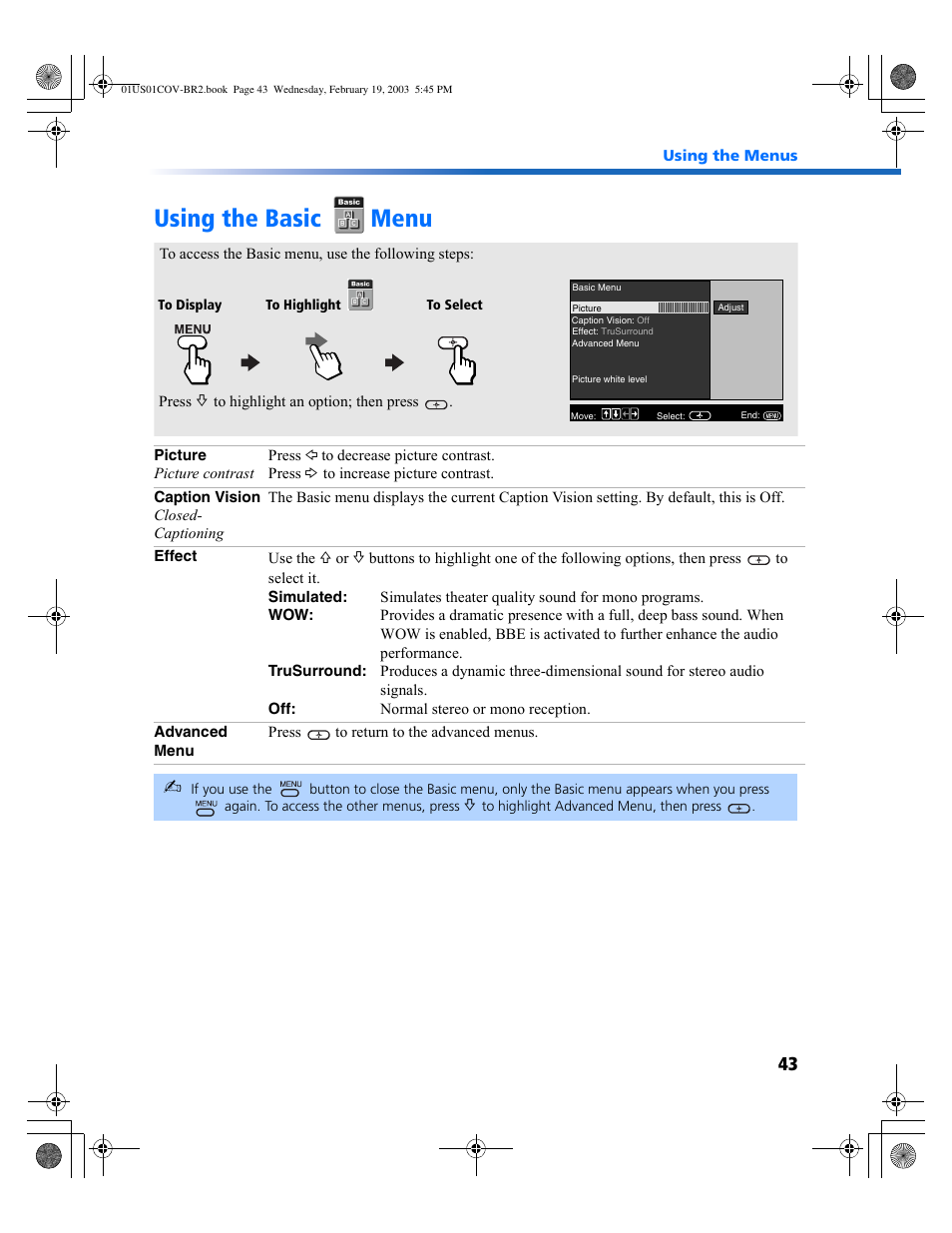 Using the basic menu | Sony KV-27FV310 User Manual | Page 51 / 68