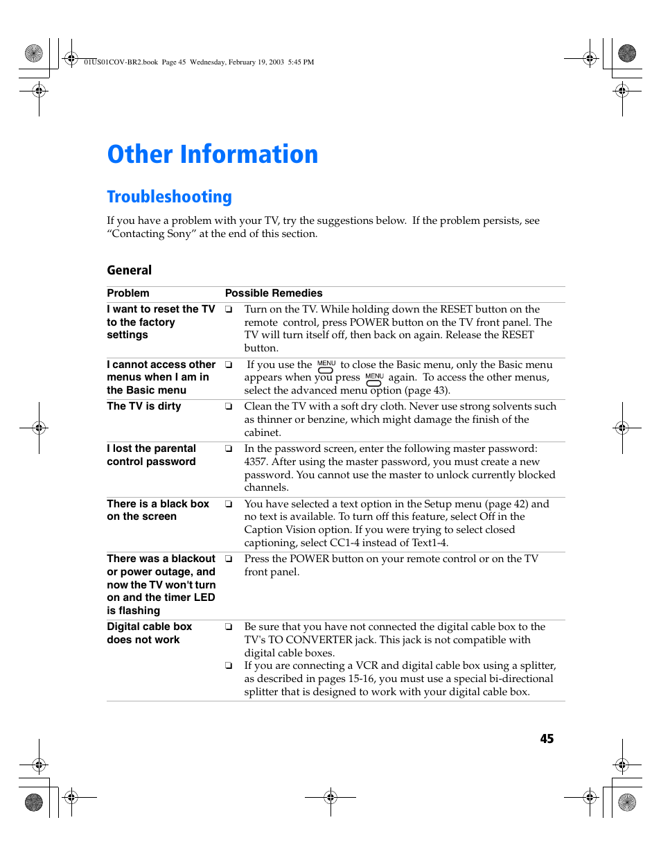 Other information, Troubleshooting | Sony KV-27FV310 User Manual | Page 53 / 68