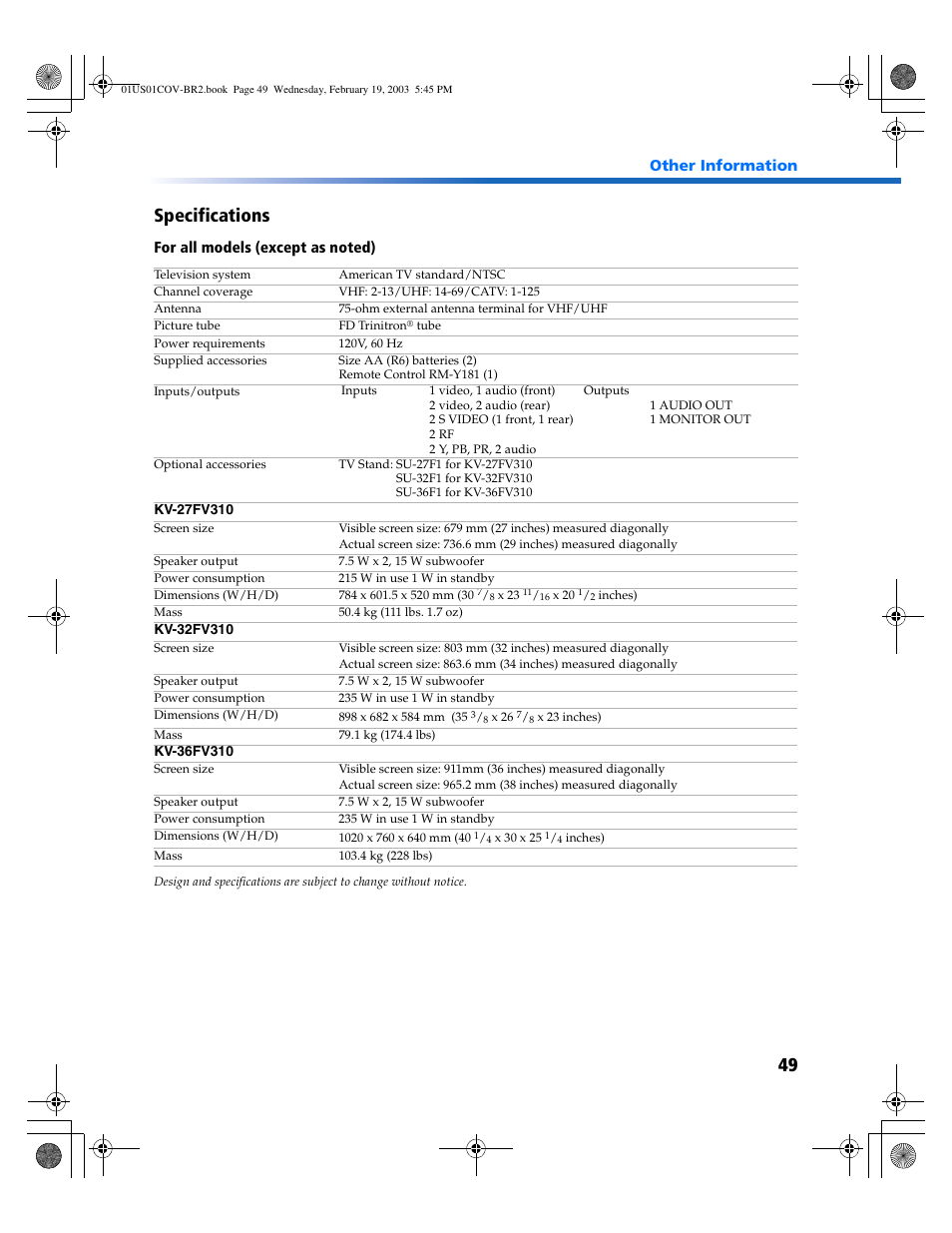 49 specifications | Sony KV-27FV310 User Manual | Page 57 / 68