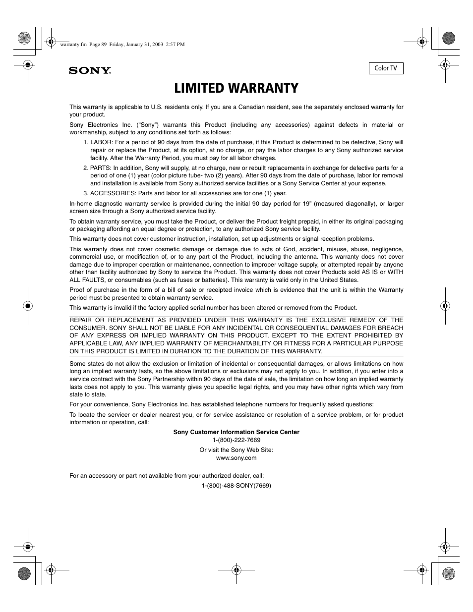 Limited warranty | Sony KV-27FV310 User Manual | Page 63 / 68
