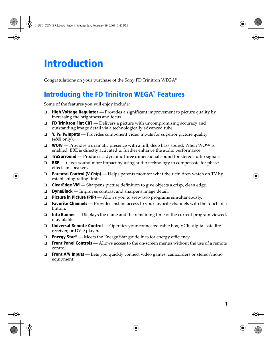Introduction, Introducing the fd trinitron wega features | Sony KV-27FV310 User Manual | Page 9 / 68