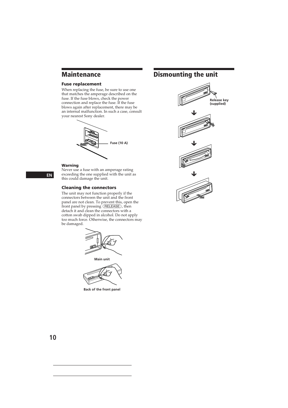 Dismounting the unit, Maintenance | Sony CDX-3160 User Manual | Page 10 / 59