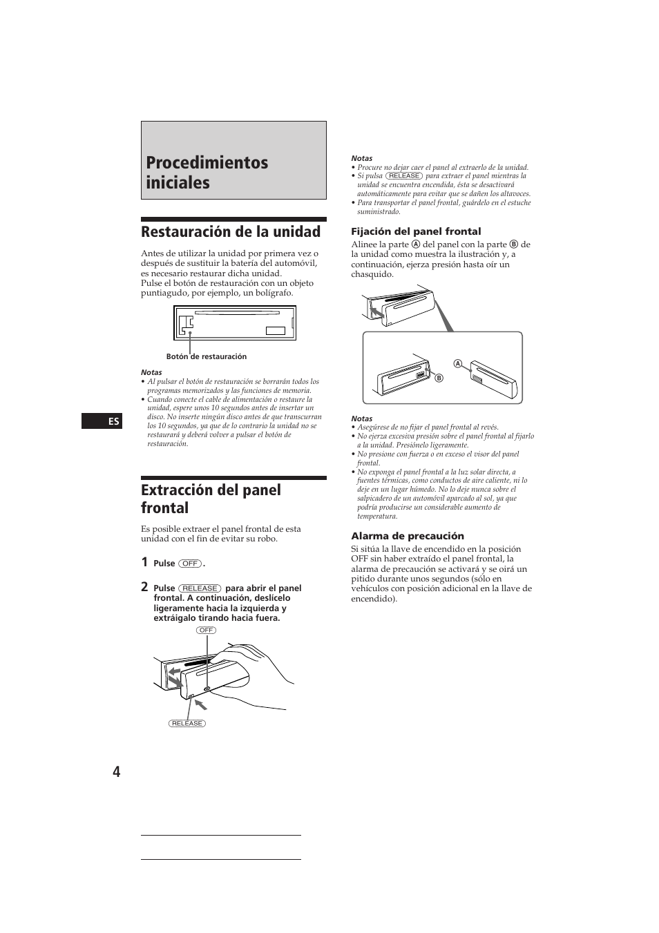 Procedimientos iniciales, Restauración de la unidad, Extracción del panel frontal | Sony CDX-3160 User Manual | Page 18 / 59