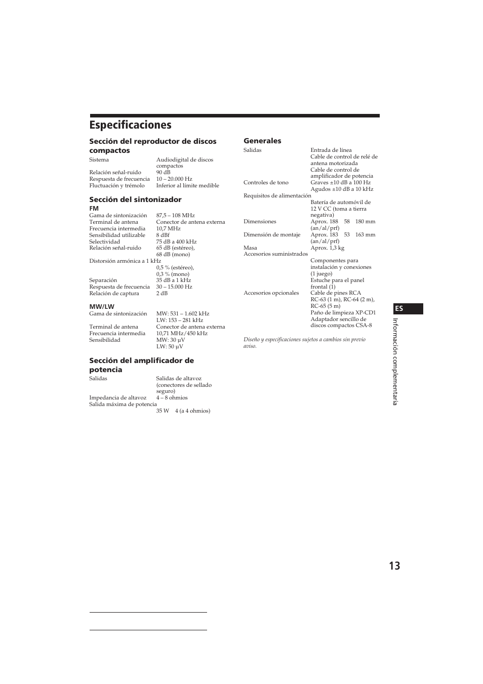 Especificaciones | Sony CDX-3160 User Manual | Page 27 / 59