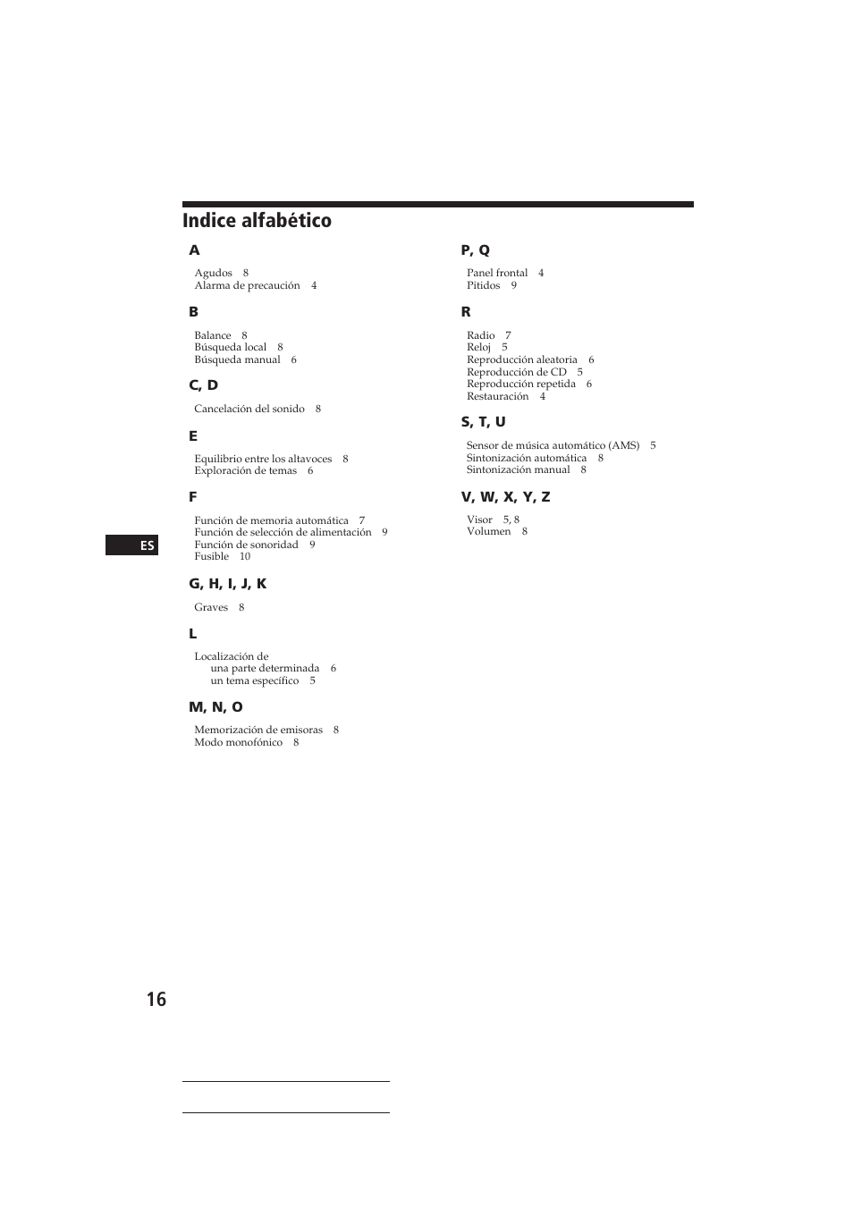 Indice alfabético | Sony CDX-3160 User Manual | Page 30 / 59