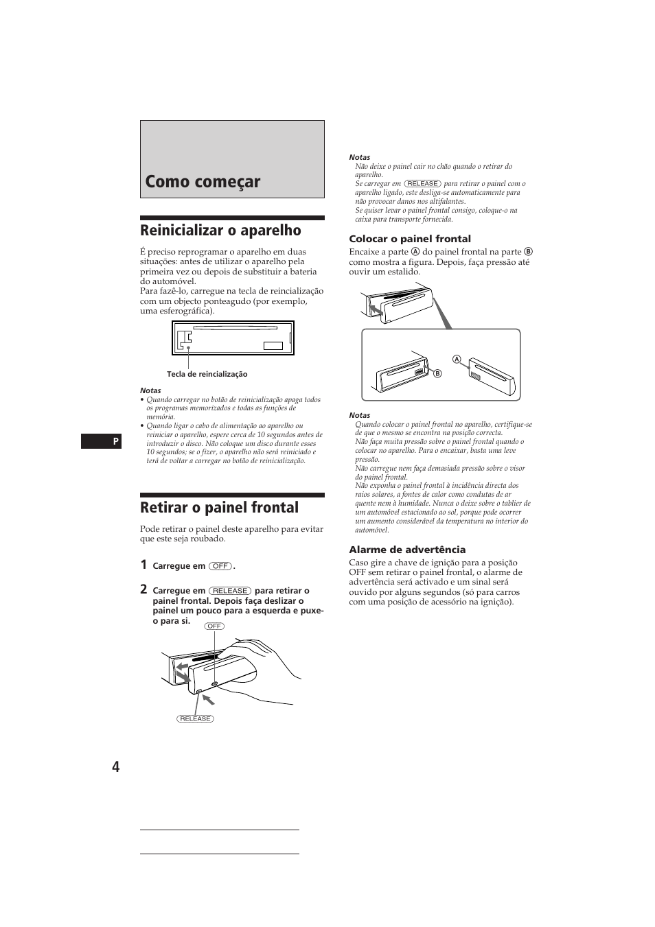 Como começar, Reinicializar o aparelho, Retirar o painel frontal | Sony CDX-3160 User Manual | Page 33 / 59