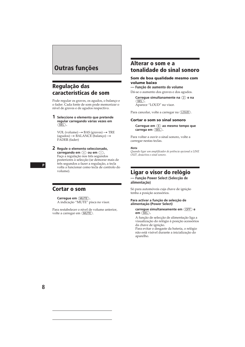 Outras funções, Regulação das características de som, Cortar o som | Alterar o som e a tonalidade do sinal sonoro, Ligar o visor do relógio | Sony CDX-3160 User Manual | Page 37 / 59