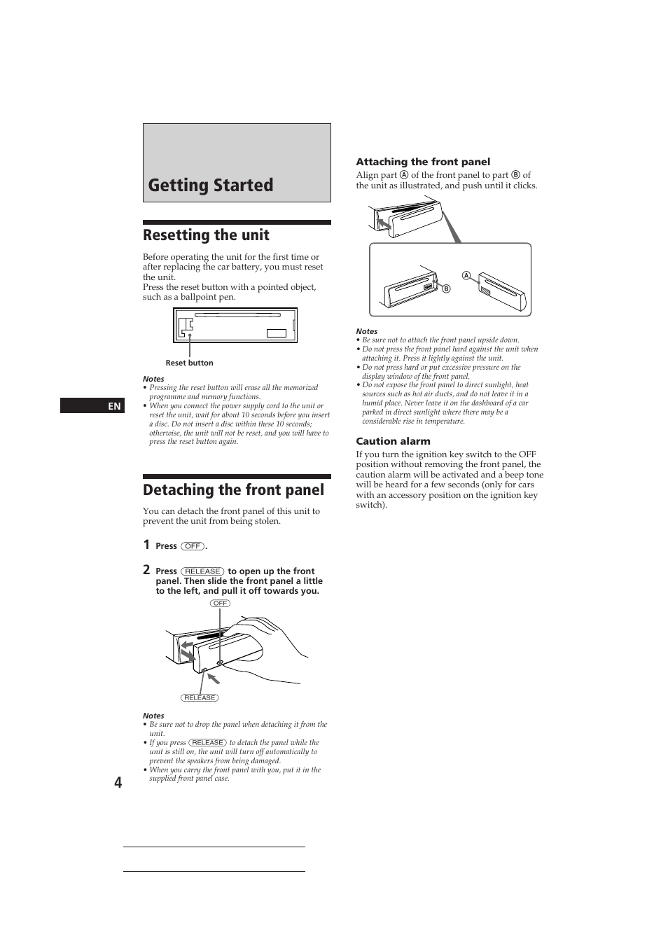 Getting started, Resetting the unit, Detaching the front panel | Sony CDX-3160 User Manual | Page 4 / 59