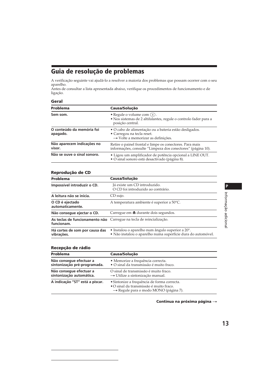 Guia de resolução de problemas | Sony CDX-3160 User Manual | Page 42 / 59