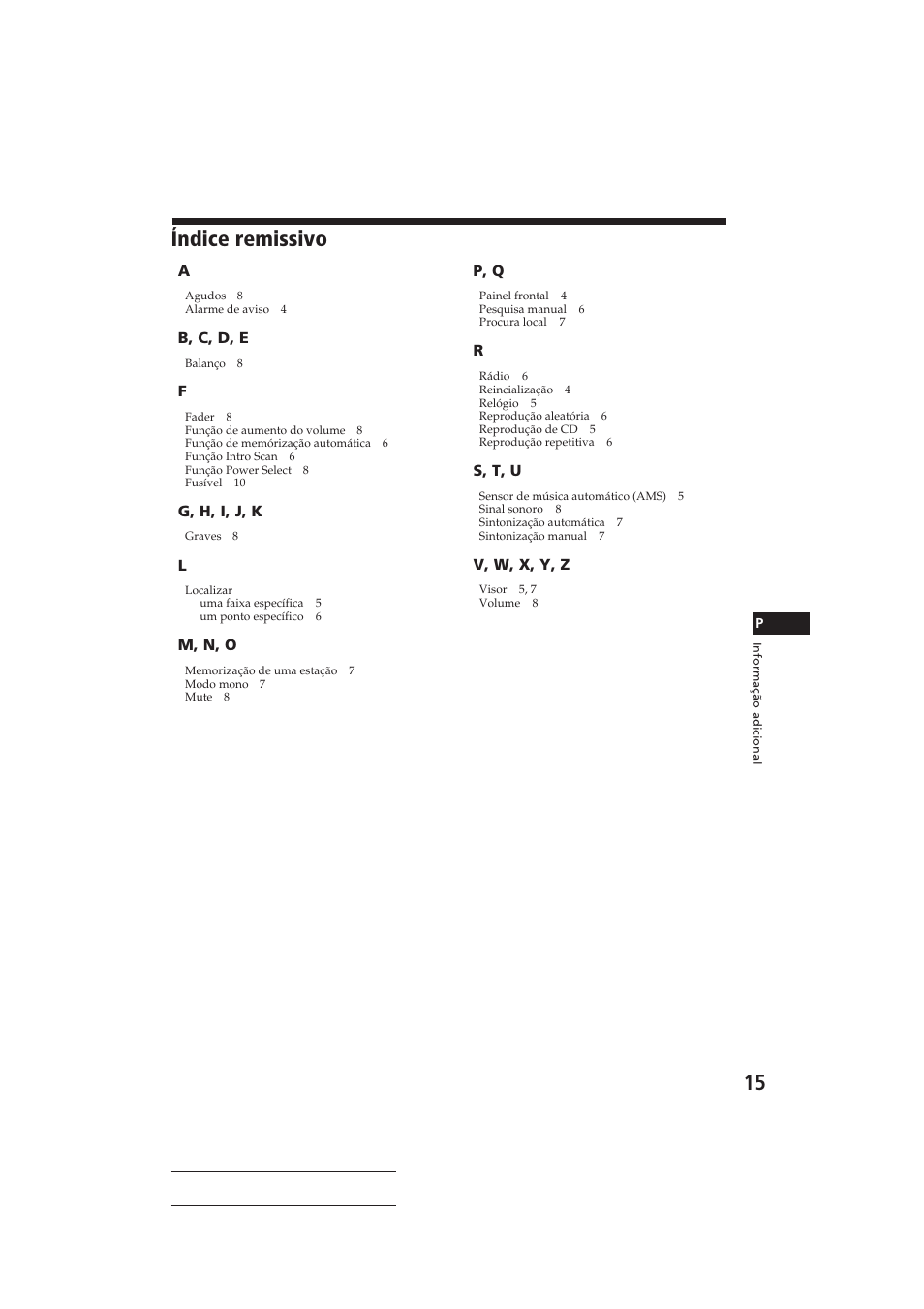 Índice remissivo | Sony CDX-3160 User Manual | Page 44 / 59