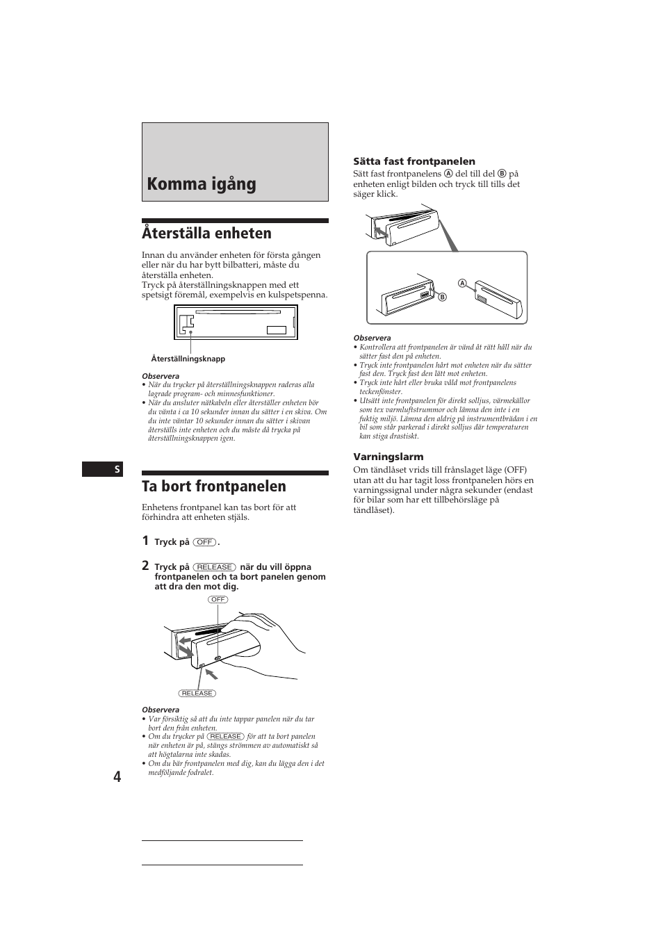 Komma igång, Återställa enheten, Ta bort frontpanelen | Sony CDX-3160 User Manual | Page 47 / 59