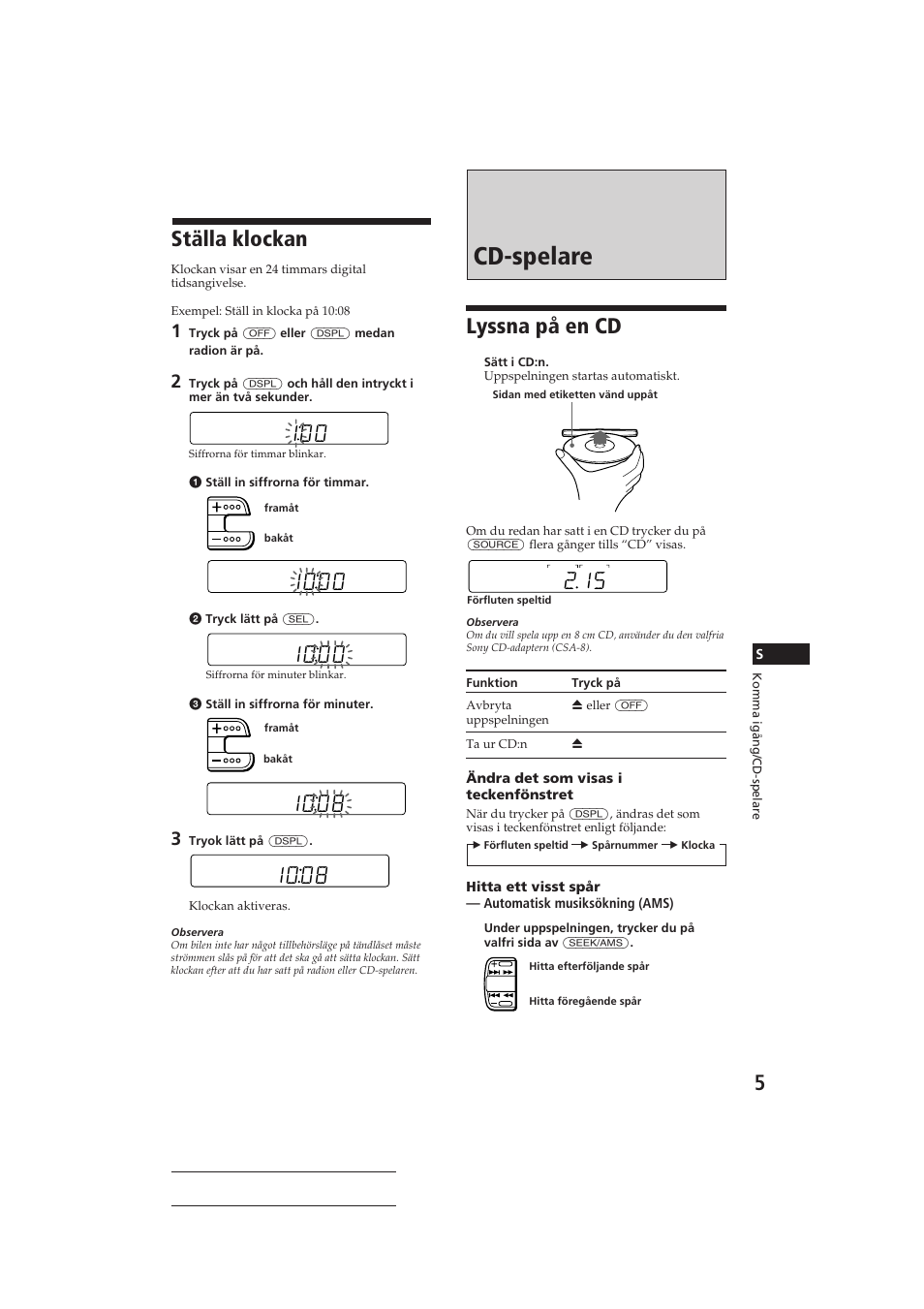 Cd-spelare, 100 ställa klockan, Lyssna på en cd | Sony CDX-3160 User Manual | Page 48 / 59