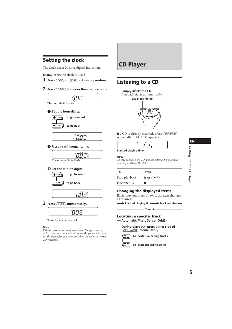 Cd player, Setting the clock, Listening to a cd | Sony CDX-3160 User Manual | Page 5 / 59