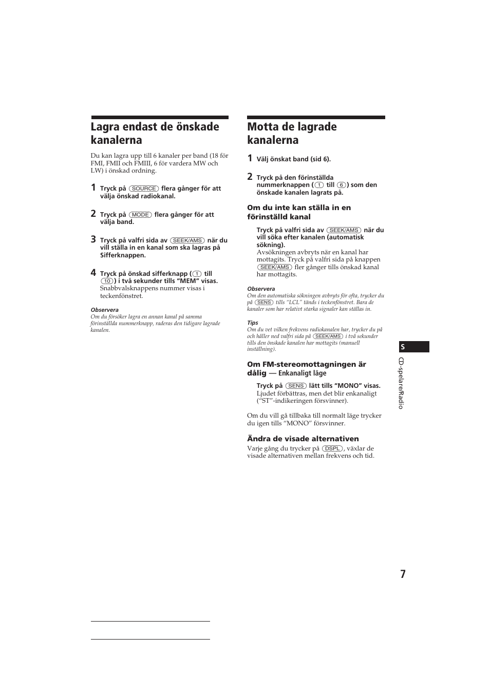 Motta de lagrade kanalerna, Lagra endast de önskade kanalerna | Sony CDX-3160 User Manual | Page 50 / 59