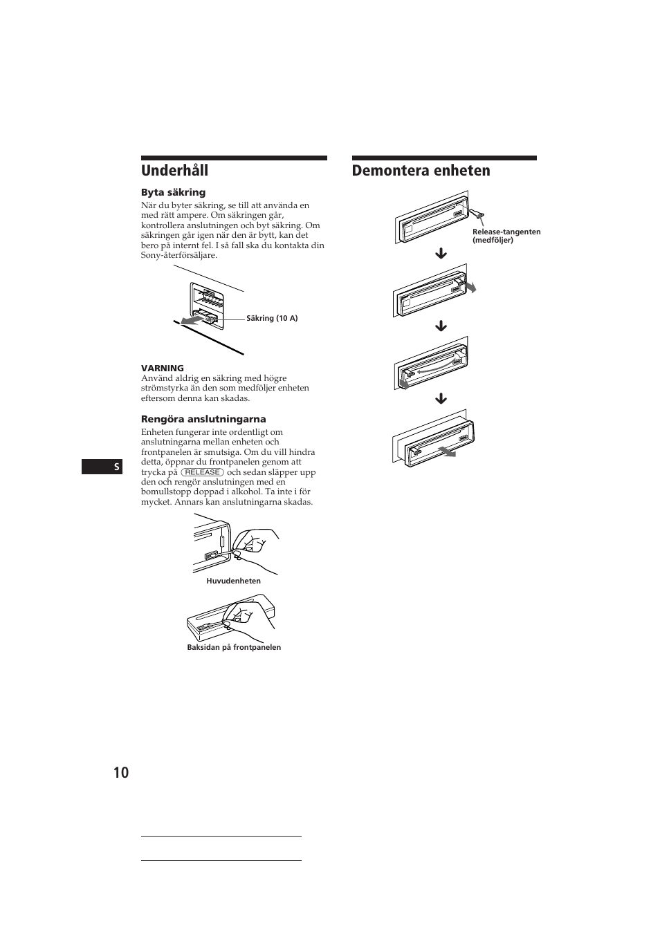 Underhåll, Demontera enheten | Sony CDX-3160 User Manual | Page 53 / 59