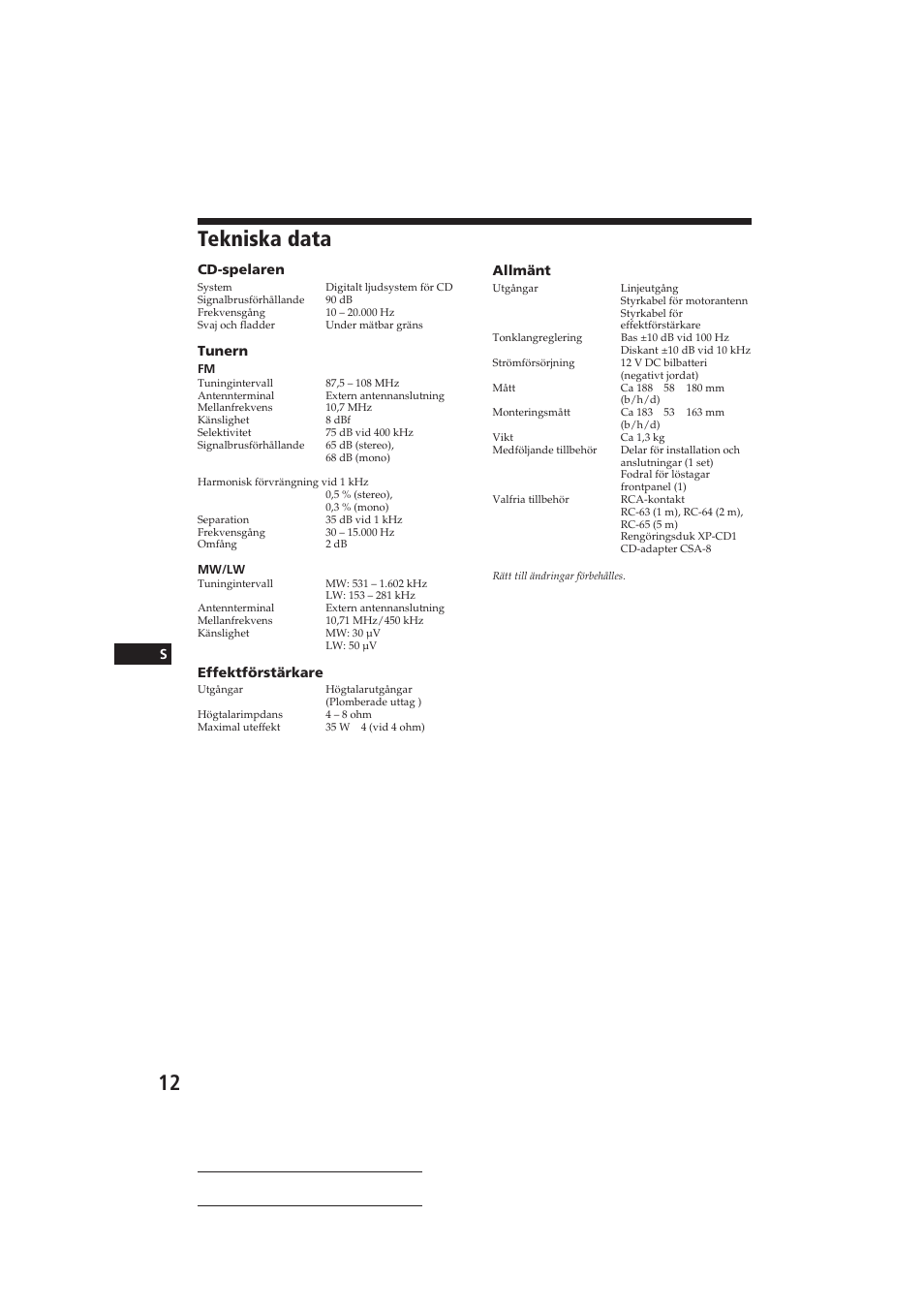 Tekniska data | Sony CDX-3160 User Manual | Page 55 / 59