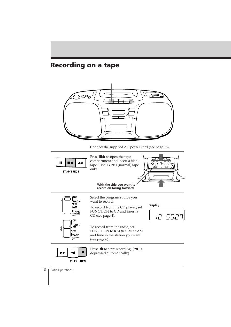 Recording on a tape | Sony CFD-121 User Manual | Page 10 / 24