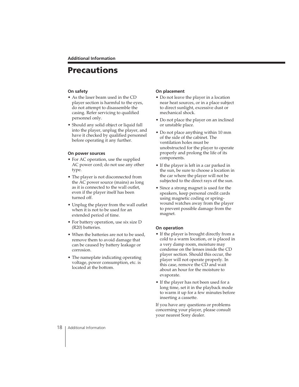 Precautions | Sony CFD-121 User Manual | Page 18 / 24