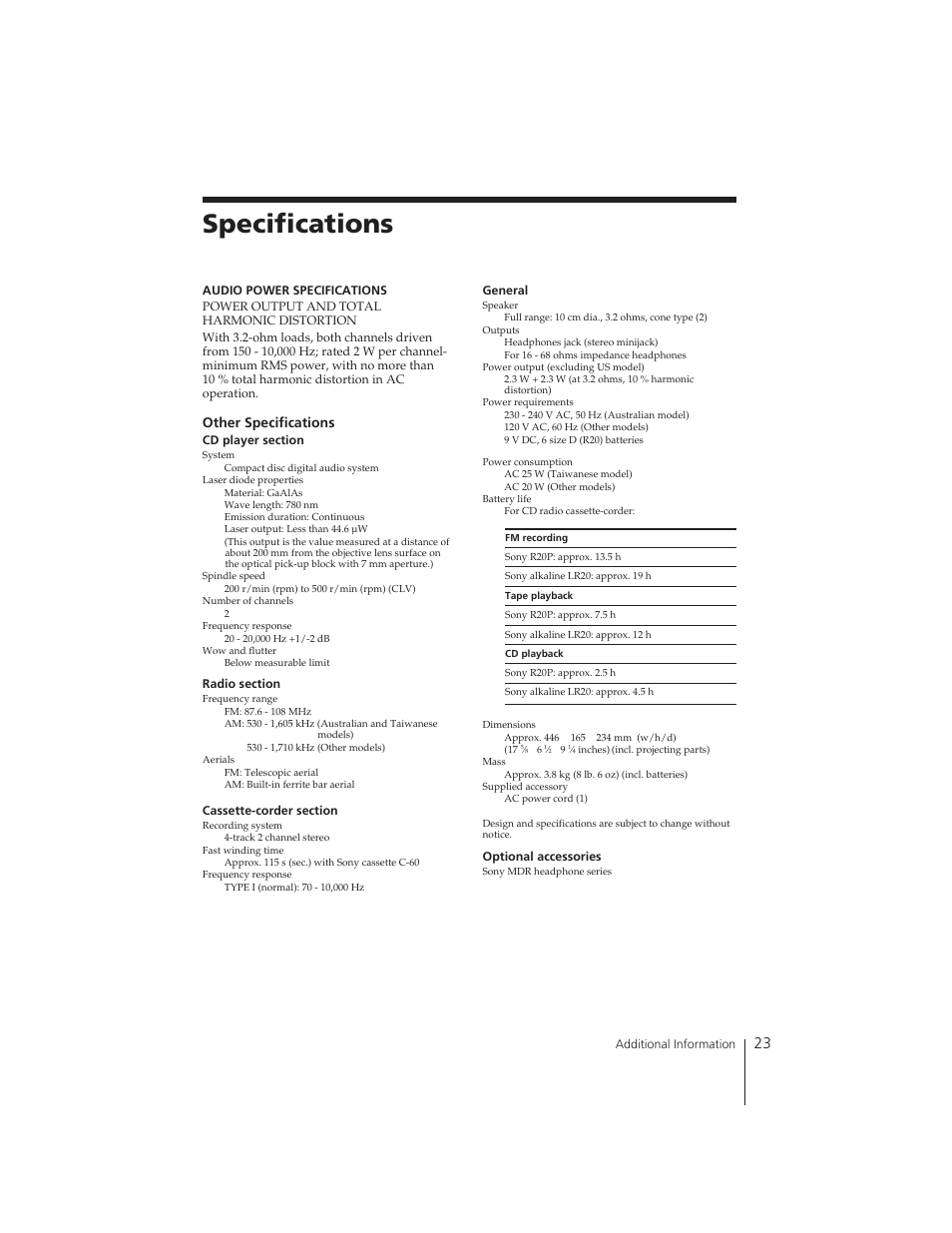 Specifications, Other specifications | Sony CFD-121 User Manual | Page 23 / 24