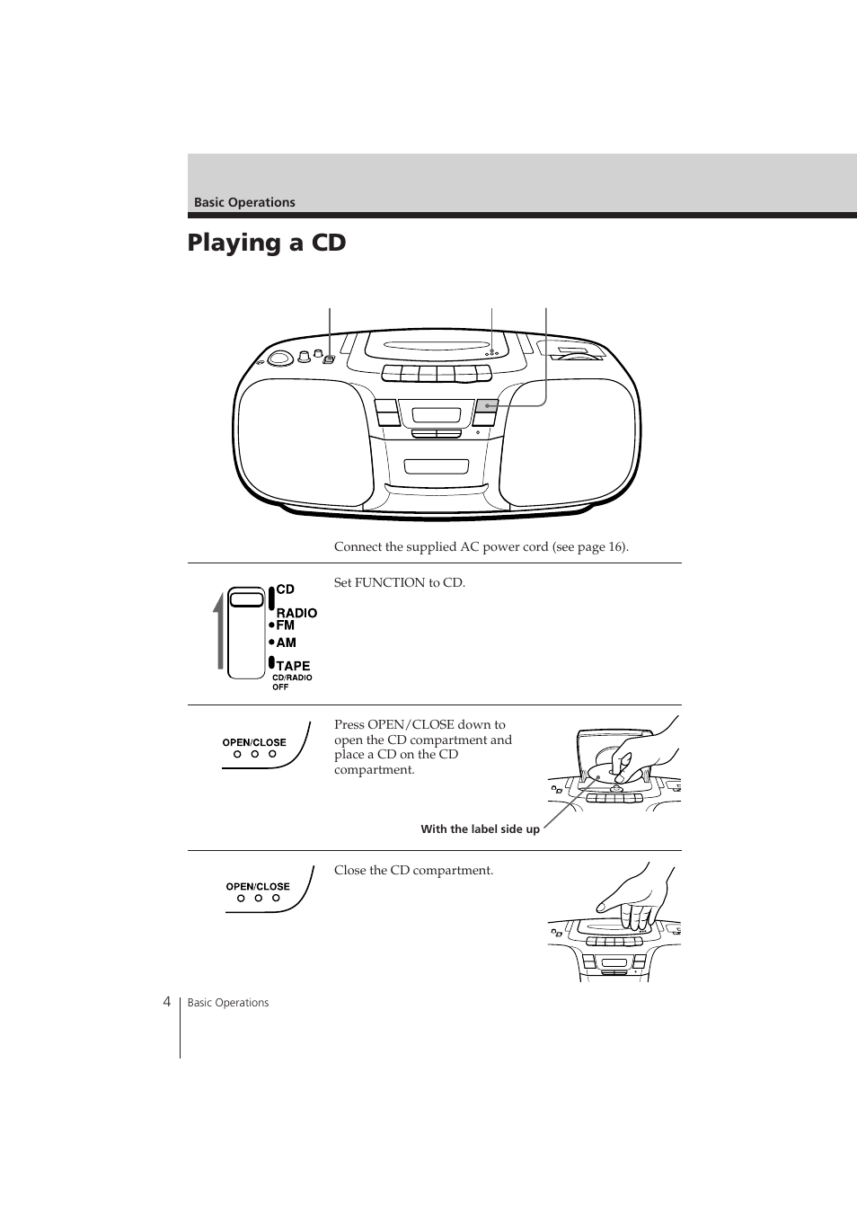 Playing a cd | Sony CFD-121 User Manual | Page 4 / 24