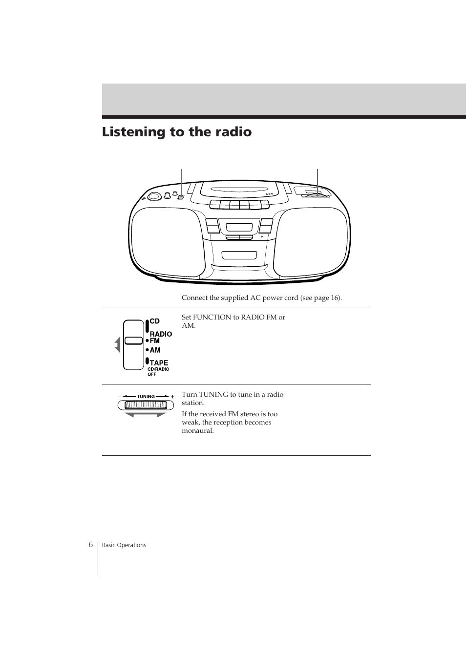 Listening to the radio | Sony CFD-121 User Manual | Page 6 / 24