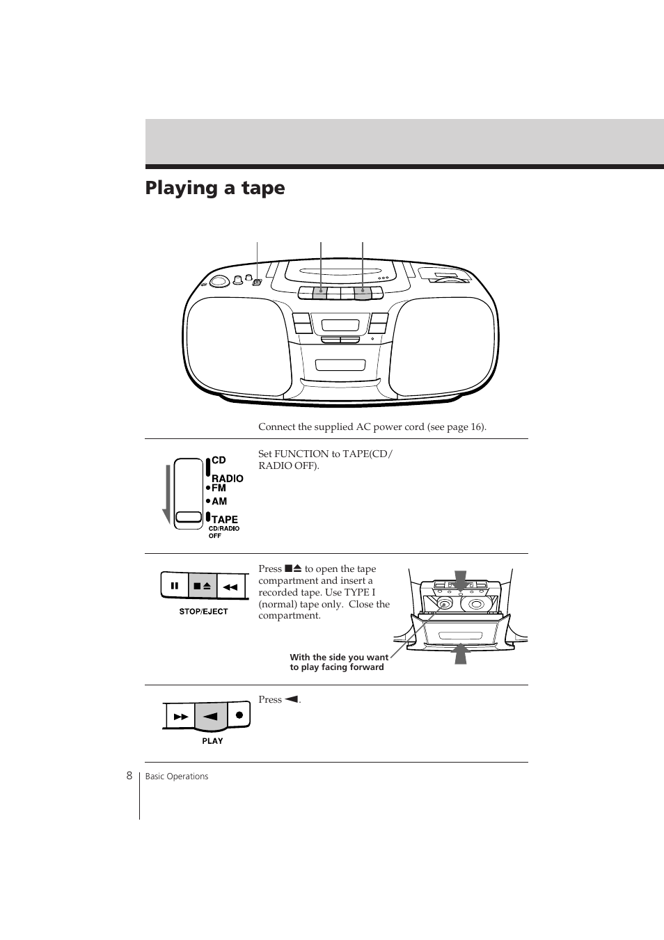 Playing a tape | Sony CFD-121 User Manual | Page 8 / 24