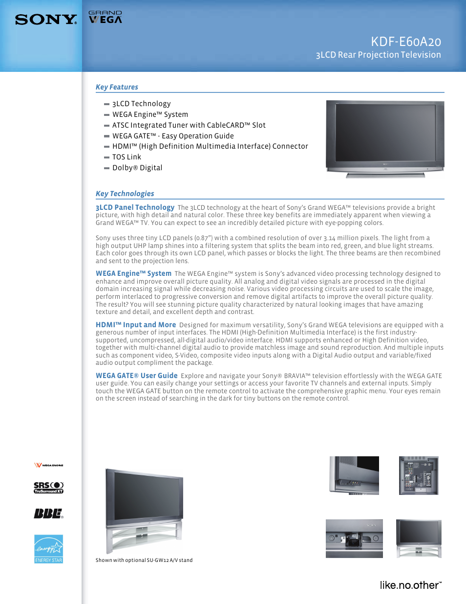 Sony GRAND WEGA KDF-E60A20 User Manual | 2 pages