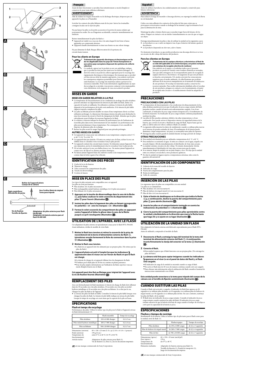 Precauciones, Identificación de los componentes, Inserción de las pilas | Utilización de la unidad sin flash, Cuándo sustituir las pilas, Especificaciones, Mises en garde, Identification des pieces, Mise en place des piles, Utilisation de l’appareil avec le flash | Sony FA-EB1AM User Manual | Page 2 / 2