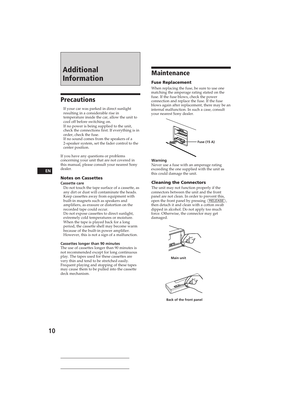 Additional information, Precautions, Maintenance | Sony XR-C290 User Manual | Page 10 / 33