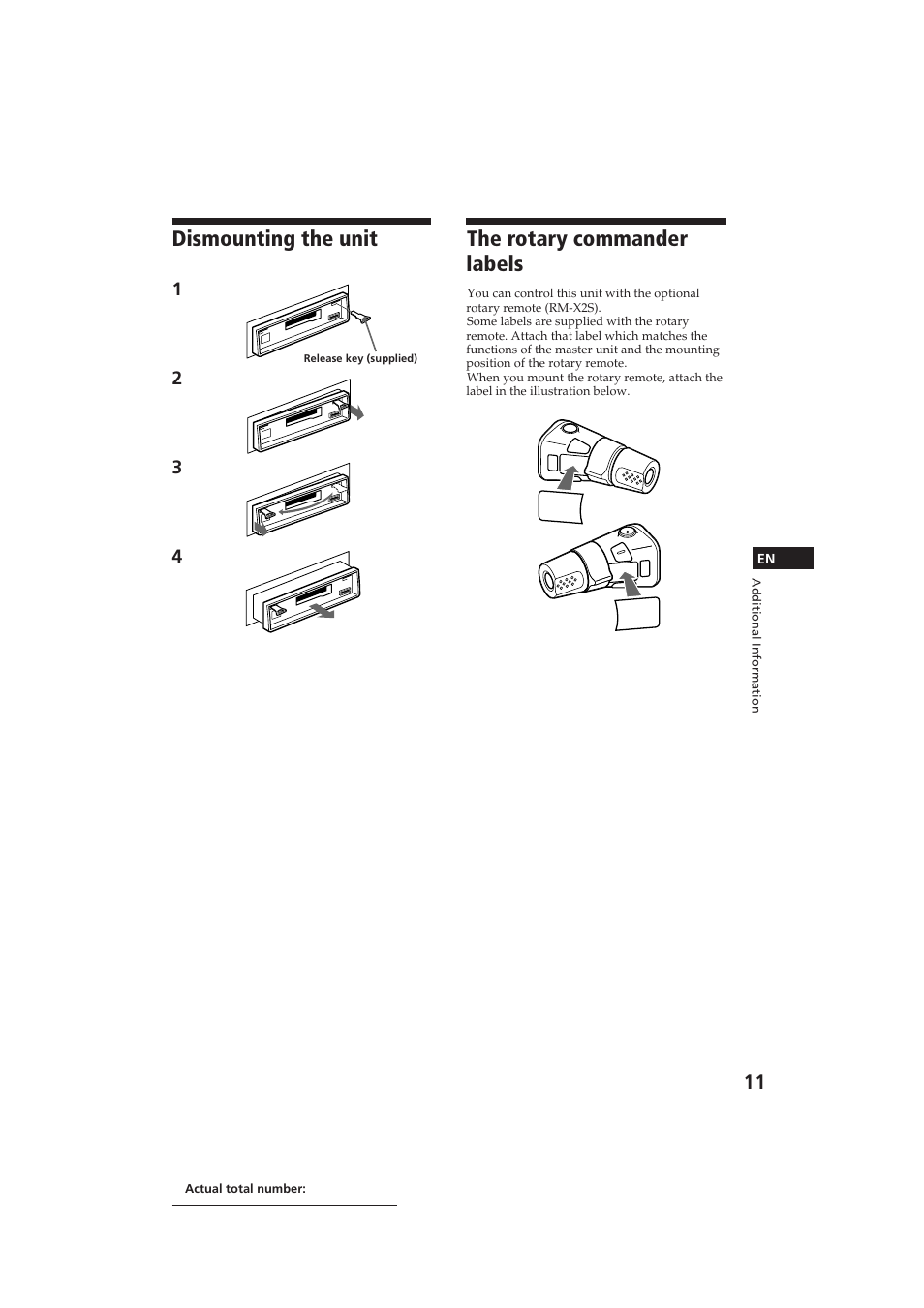 Dismounting the unit, The rotary commander labels | Sony XR-C290 User Manual | Page 11 / 33