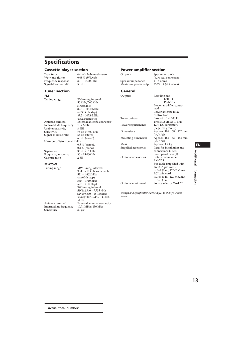 Specifications | Sony XR-C290 User Manual | Page 13 / 33