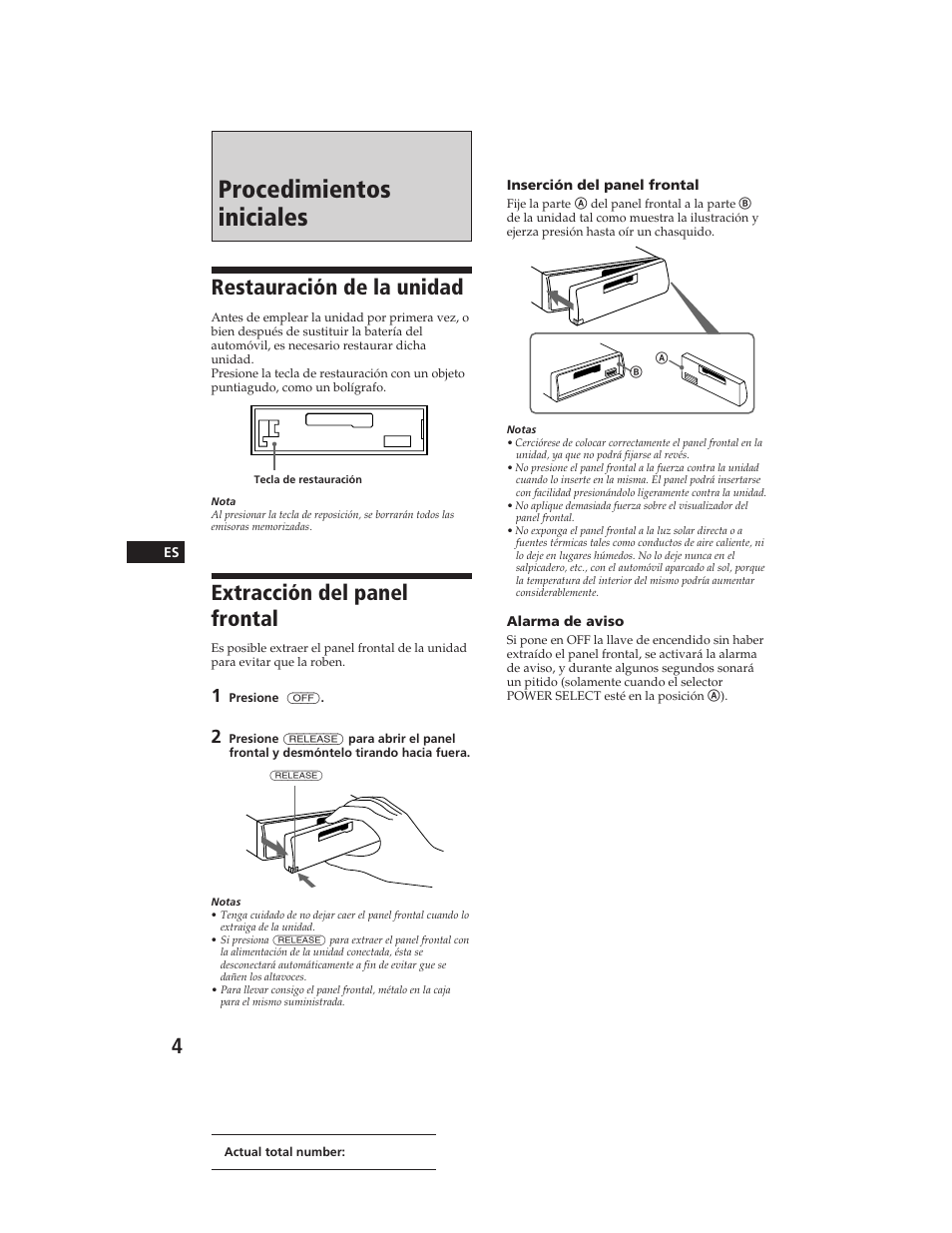 Procedimientos iniciales, Restauración de la unidad, Extracción del panel frontal | Sony XR-C290 User Manual | Page 19 / 33