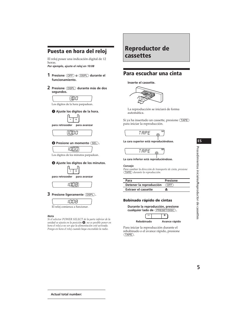 Reproductor de cassettes, Puesta en hora del reloj, Para escuchar una cinta | Tape | Sony XR-C290 User Manual | Page 20 / 33
