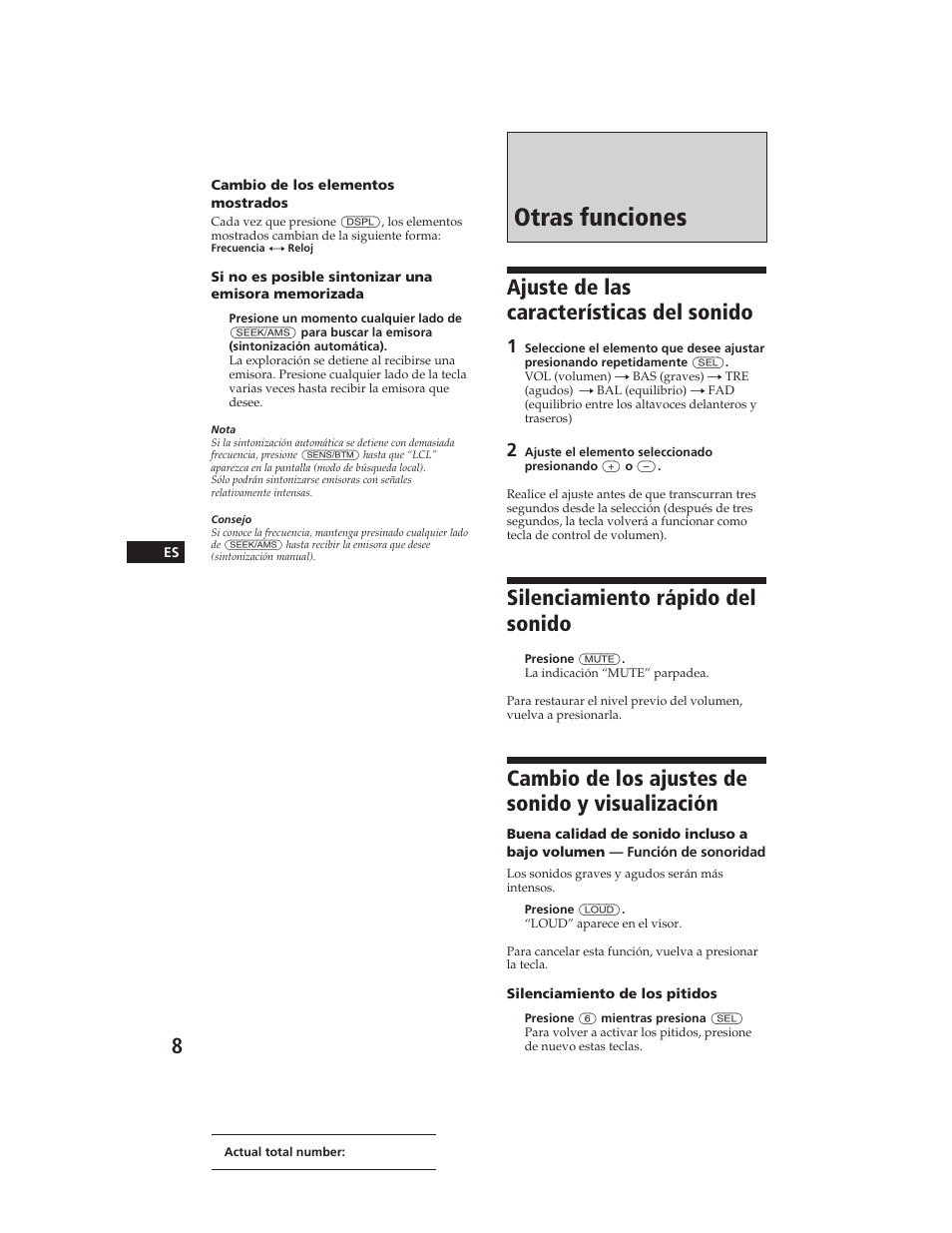 Otras funciones, Ajuste de las características del sonido, Silenciamiento rápido del sonido | Cambio de los ajustes de sonido y visualización | Sony XR-C290 User Manual | Page 23 / 33