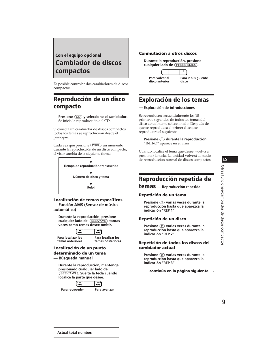 Cambiador de discos compactos, Reproducción de un disco compacto, Exploración de los temas | Reproducción repetida de temas | Sony XR-C290 User Manual | Page 24 / 33