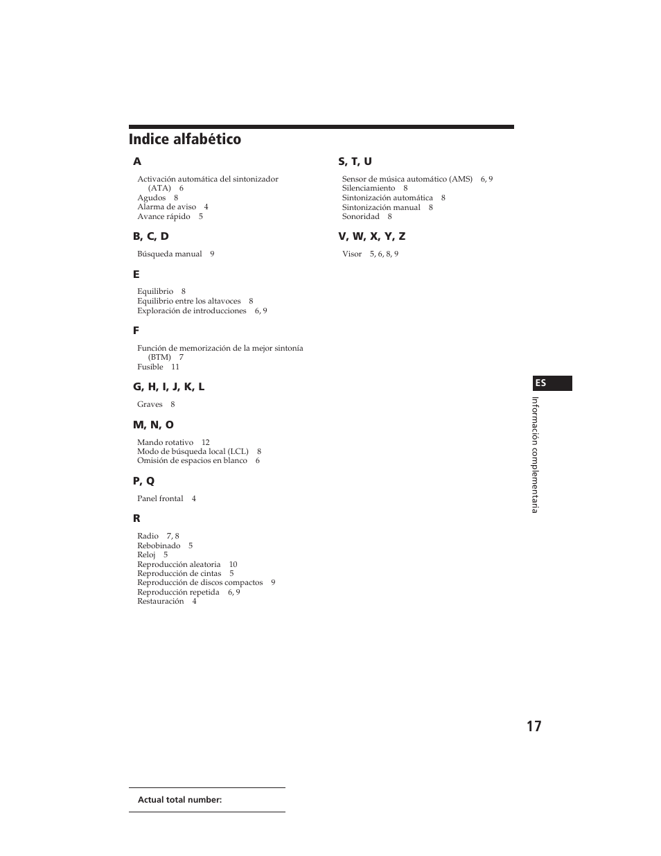 Indice alfabético | Sony XR-C290 User Manual | Page 32 / 33