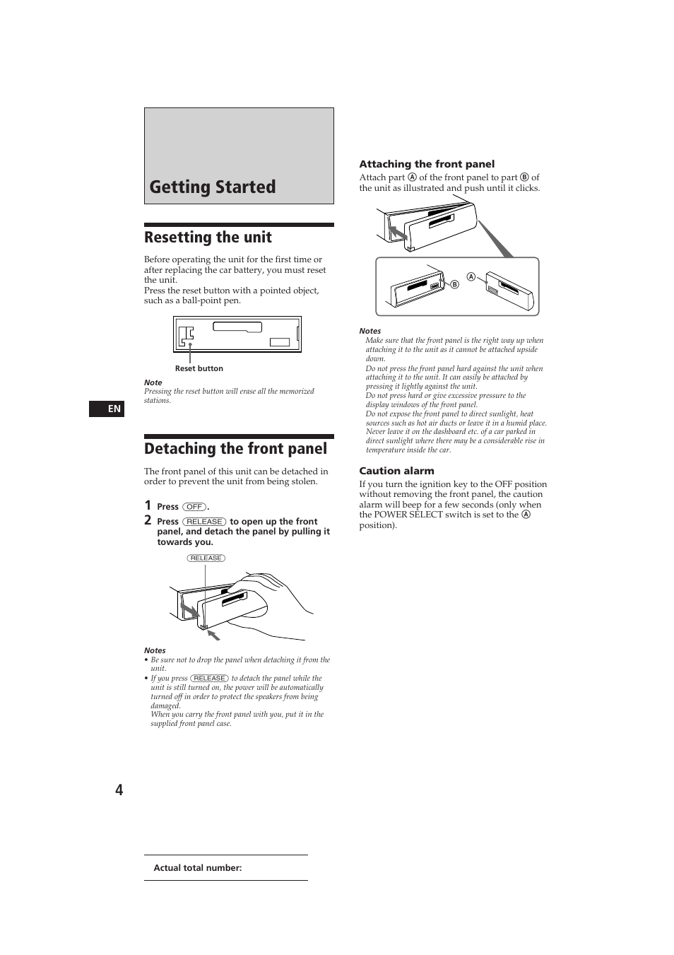 Getting started, Resetting the unit, Detaching the front panel | Sony XR-C290 User Manual | Page 4 / 33