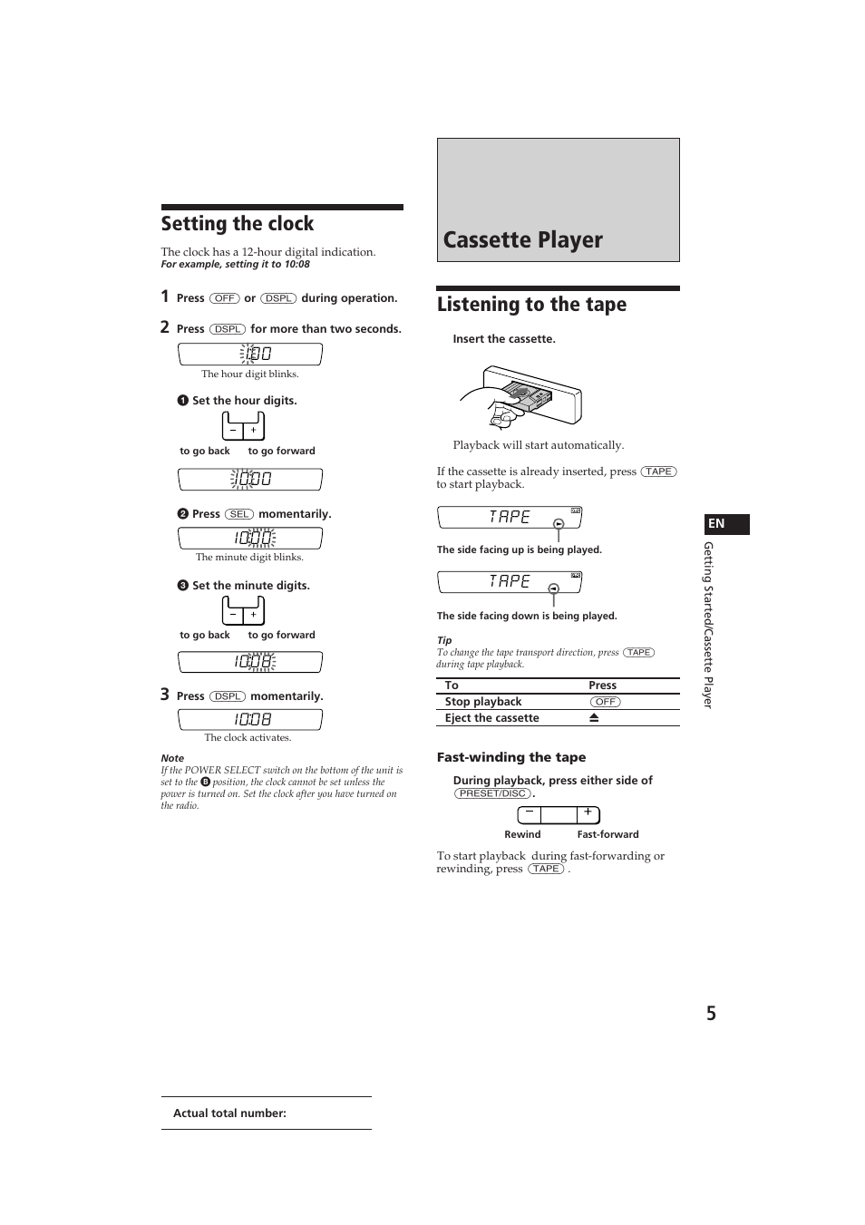 Cassette player, Setting the clock, Listening to the tape | Tape | Sony XR-C290 User Manual | Page 5 / 33