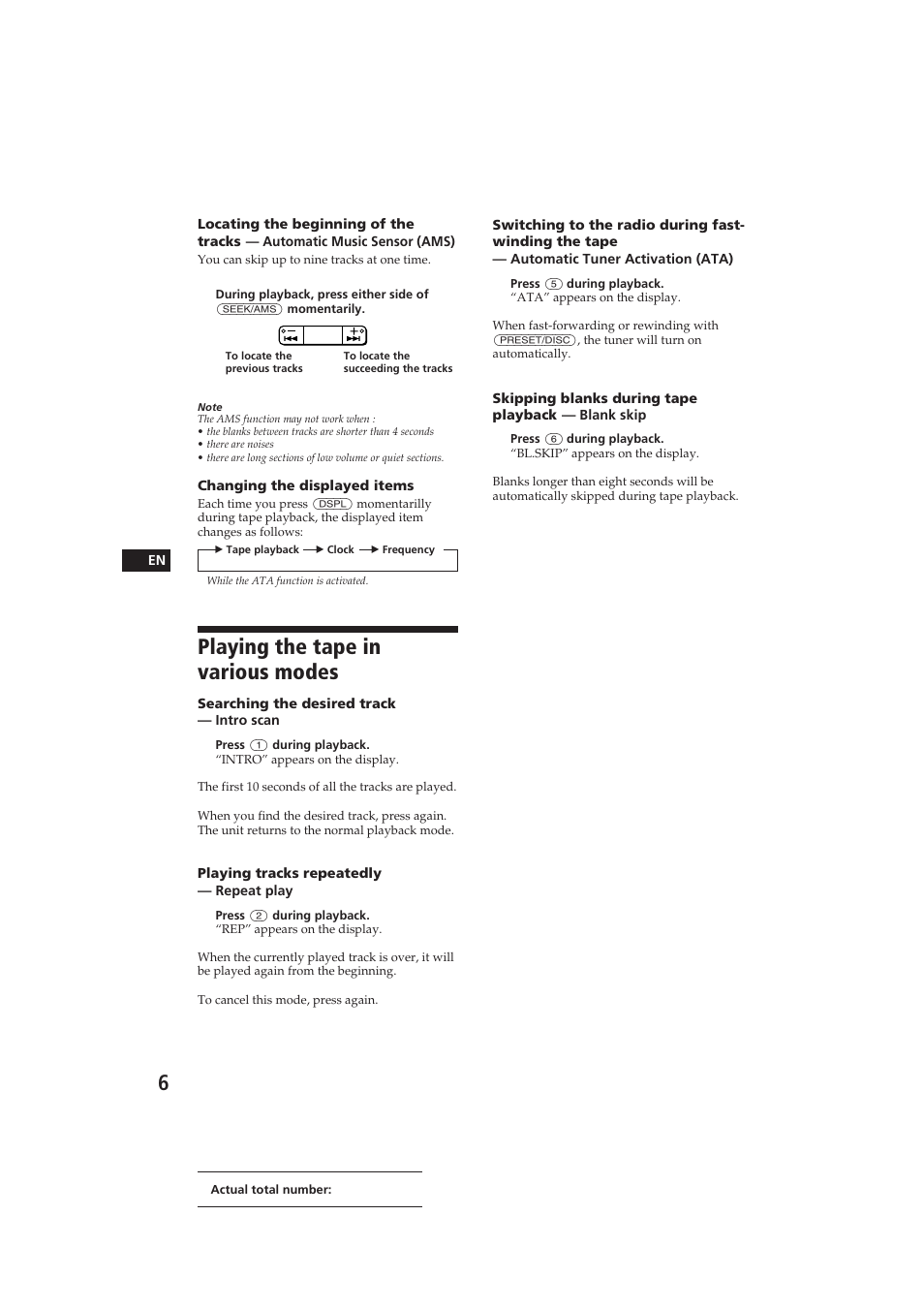 Playing the tape in various modes | Sony XR-C290 User Manual | Page 6 / 33
